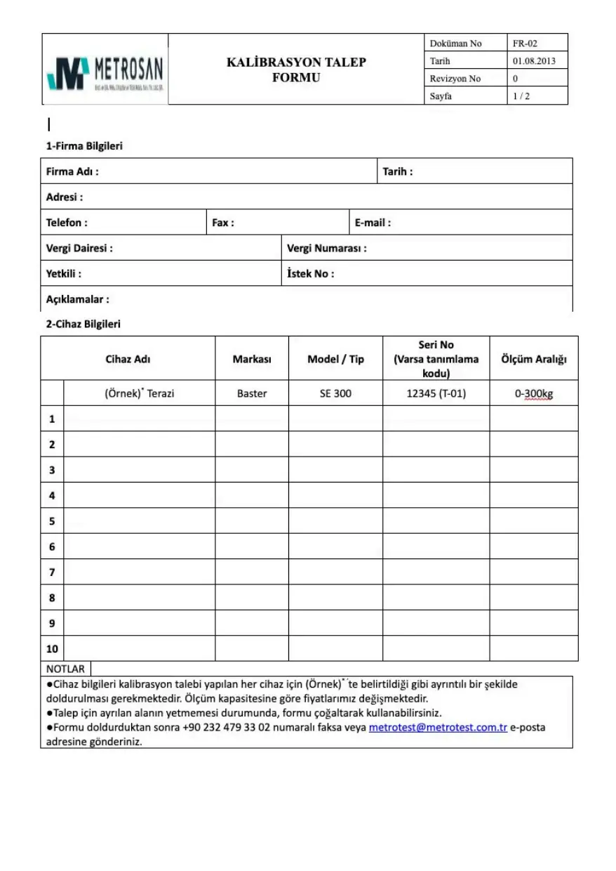 Kalibrasyon Talep Formu<