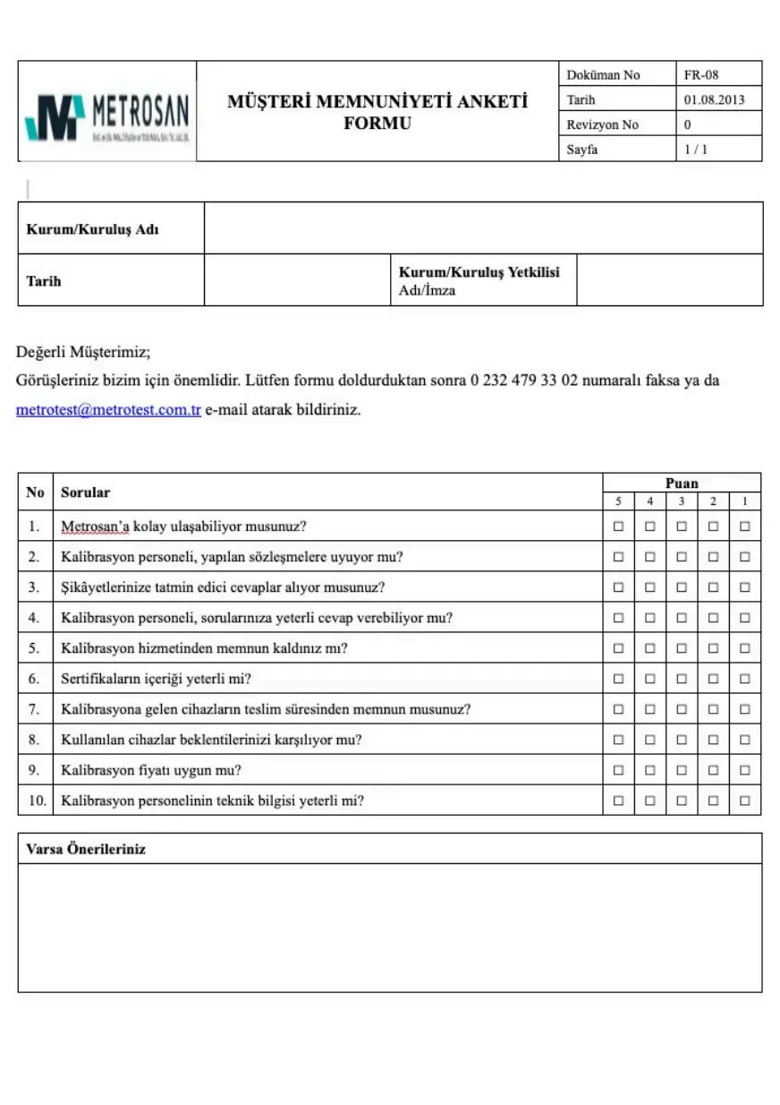 Müşteri Memnuniyet Formu<